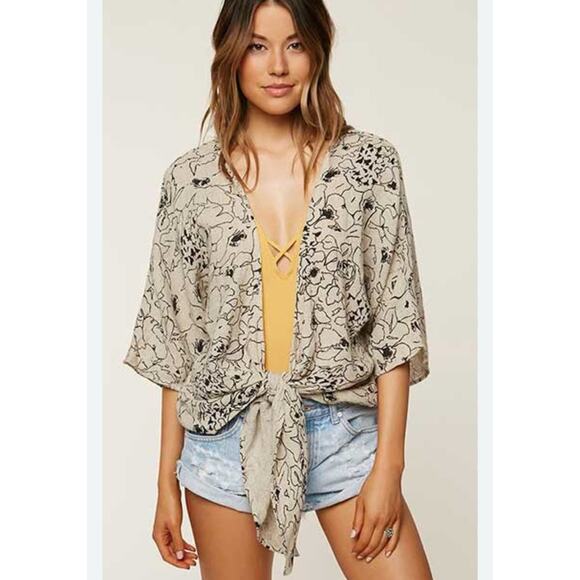 O’Neil Tan Floral Linen Cotton Kimono Tie Front Open Top Swimsuit Cover Up Boho - Picture 1 of 7